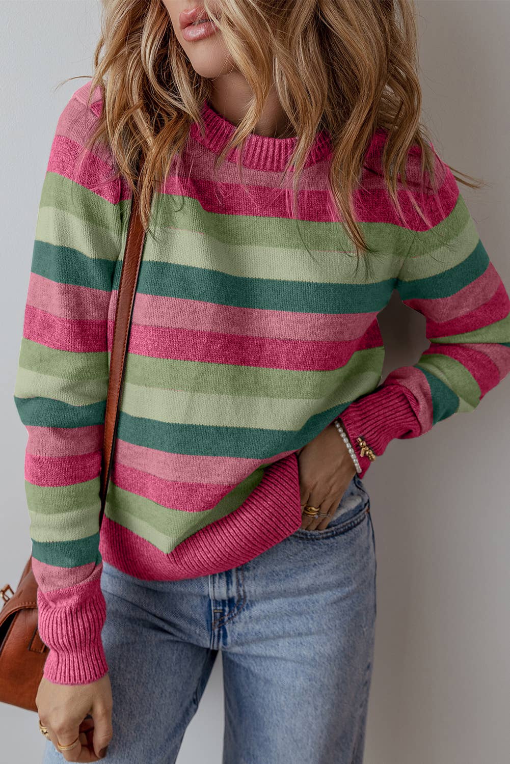 Stripe Color Block Round Neck Sweater
