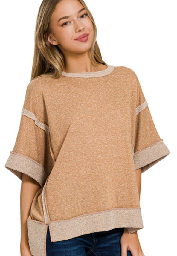 Contrast Trim Camel Short-Sleeve Sweatshirt