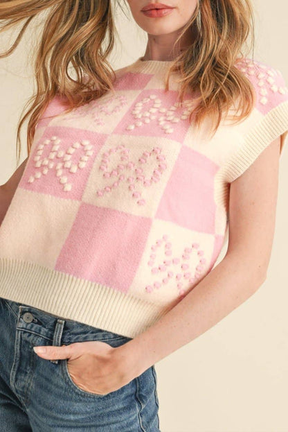 Pink Bow Checker Sweater Top